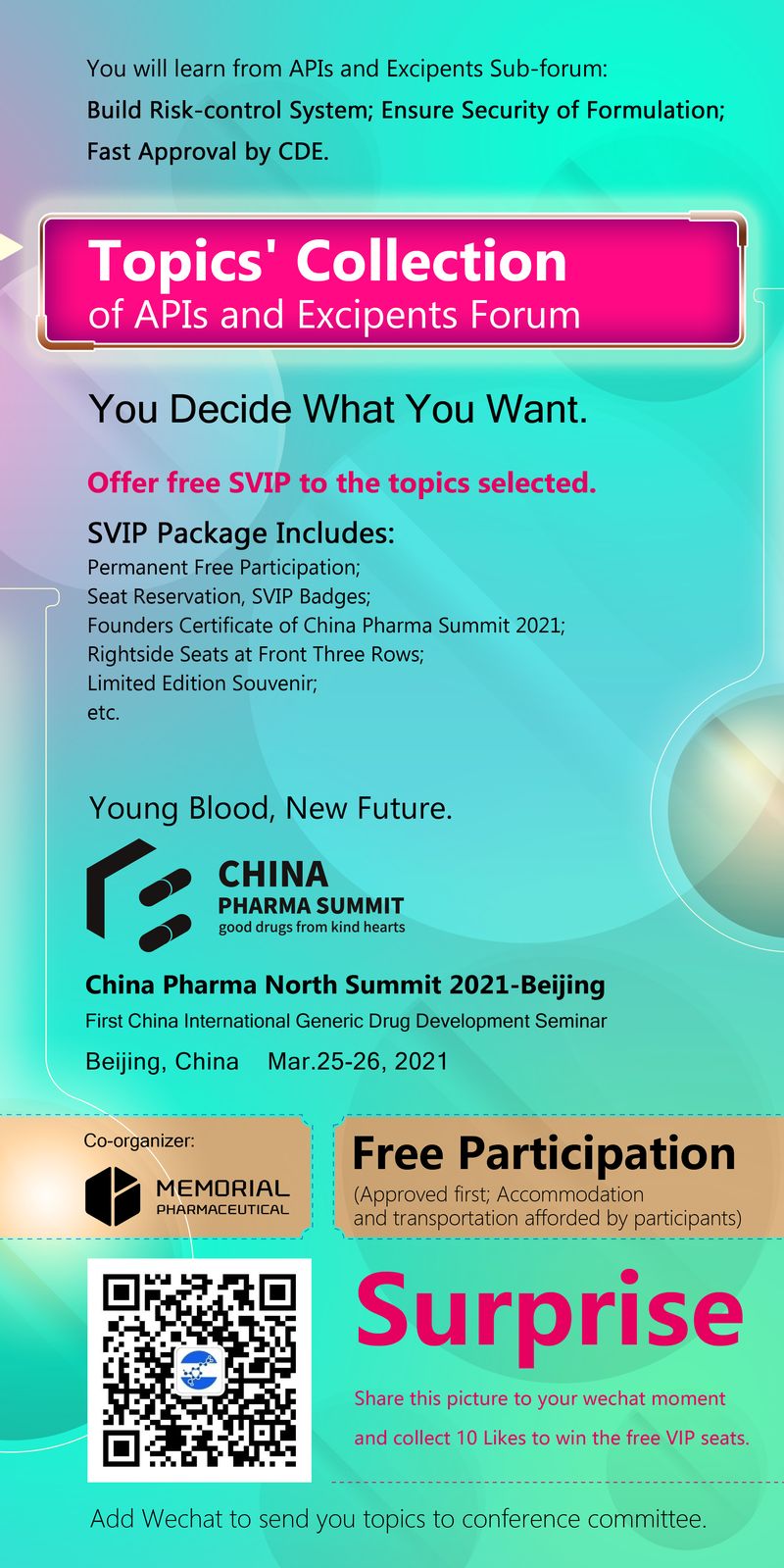 China Pharma North Summit 2021-Beijing - First China International Generic Drug Development Seminar  (APIs and Excipents Forum) - Mar.25-26, 2021